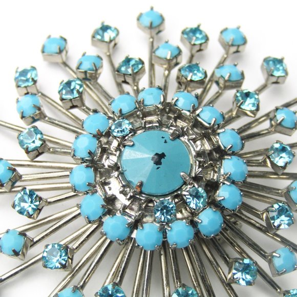 Vintage Rhinestone Brooch Blue Turquoise Starburst Retro Mid-Century Atomic - Picture 2 of 3
